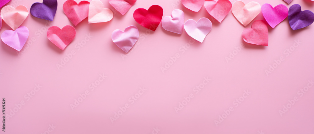 Beautiful valentines day textile hearts on pink background