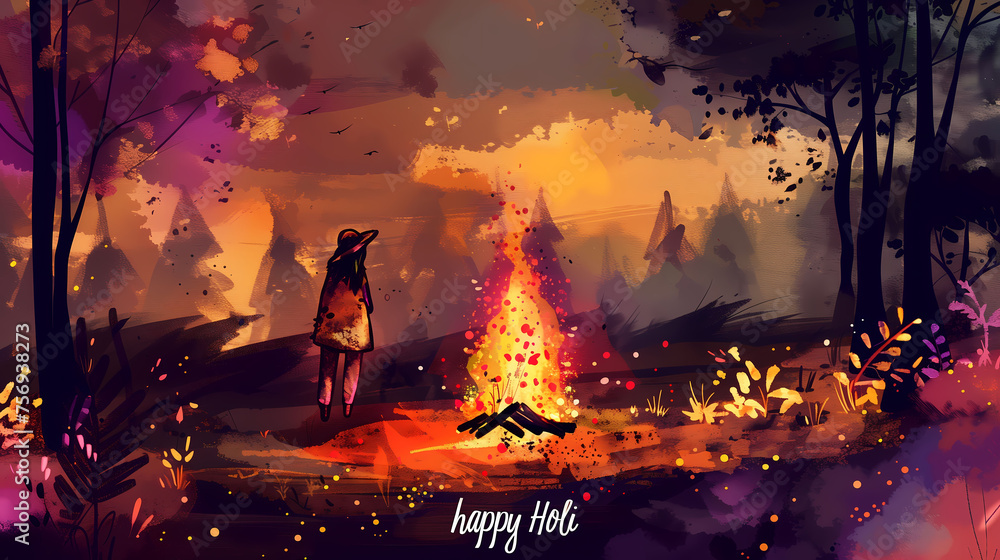 Obraz premium Happy Holi!Happy holika dahan!happy new year!Lag BaOmer,Bonfire and colorful smoke, watercolor painting