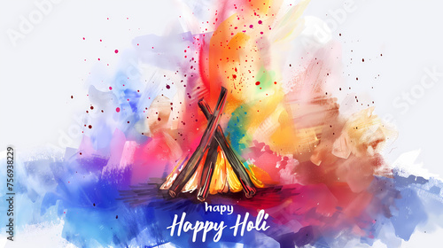 Happy Holi!Happy holika dahan!happy new year!Lag BaOmer，Bonfire and colorful smoke, watercolor painting