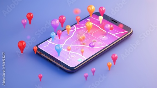 Wallpaper Mural Smartphone with map, 3D Map pins, GPS, navigator pin checking points, 3D World Map icon, technology and application mobile smart phone with mobile, delivery tracking, transportation, generate by AI. Torontodigital.ca