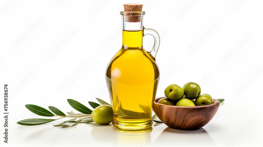 Olive oil stored in a glass bottle alongside green olives, isolated against a white backdrop. Olive oil stored in a glass bottle alongside green olives, isolated against a white backdrop.