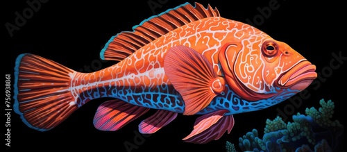 An electric blue finned fish, a rayfinned organism, gracefully swims in the underwater world on a black background, showcasing its colorful tail