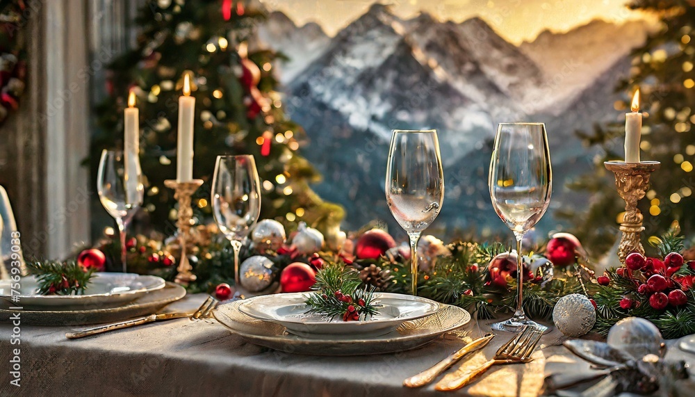 Christmas Feast: Elegantly Set Table Brimming with Seasonal Decor and Dinner Essentials