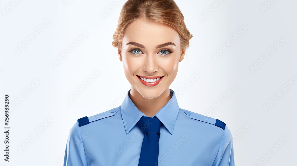Portrait of a charming stewardess wearing a blue uniform, isolated on a white background. Portrait of a charming stewardess wearing a blue uniform, isolated on a white background.