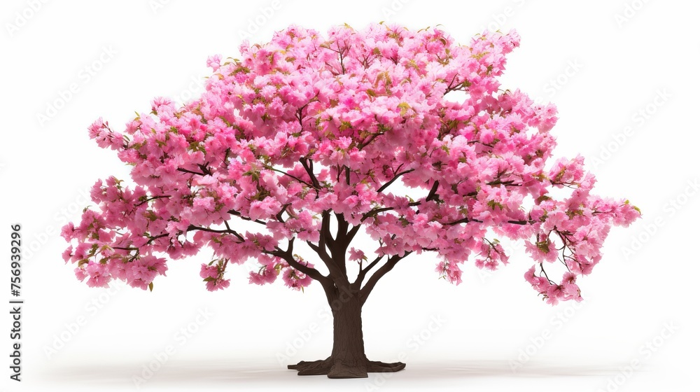 Pink sakura tree in full bloom, isolated against a white background.