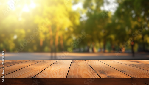 Wood table in wooden park outdoors background blurred photo