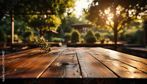 Wood table in wooden park outdoors background blurred