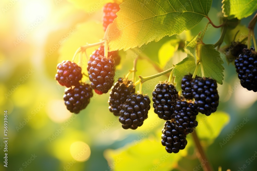 Delicious blackberries on a green branch in the garden at sunset A branch with natural blackberries against a blurred background, Blackberries falling in the air with Blackberry leaves, Ai generated Delicious blackberries on a green branch in the garden at sunset A branch with natural blackberries against a blurred background, Blackberries falling in the air with Blackberry leaves, Ai generated