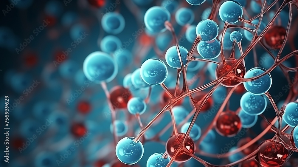 Rendering of cells, biological chains, and abstract molecules, showcasing scientific concepts in a 3D digital drawing. Rendering of cells, biological chains, and abstract molecules, showcasing scientific concepts in a 3D digital drawing.