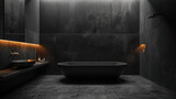 A dark minimalist bathroom with a sleek bathroom