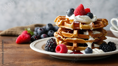  A delightful stack of waffles piled high with fresh berries and whipped cream sits on a plate.