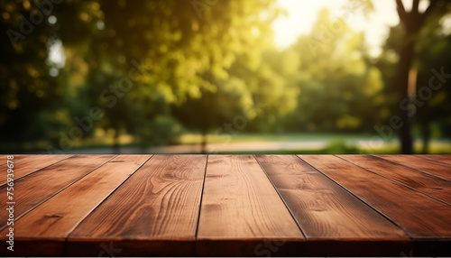 Wood table in wooden park outdoors background blurred