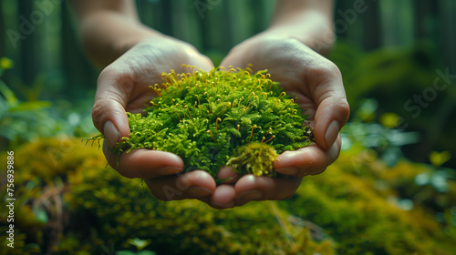 Hand holding small tree for planting. concept environment green world earth day, hand holding green grass, Green moss earth on human hands, nature and environment, Earth day, Ai generated image 