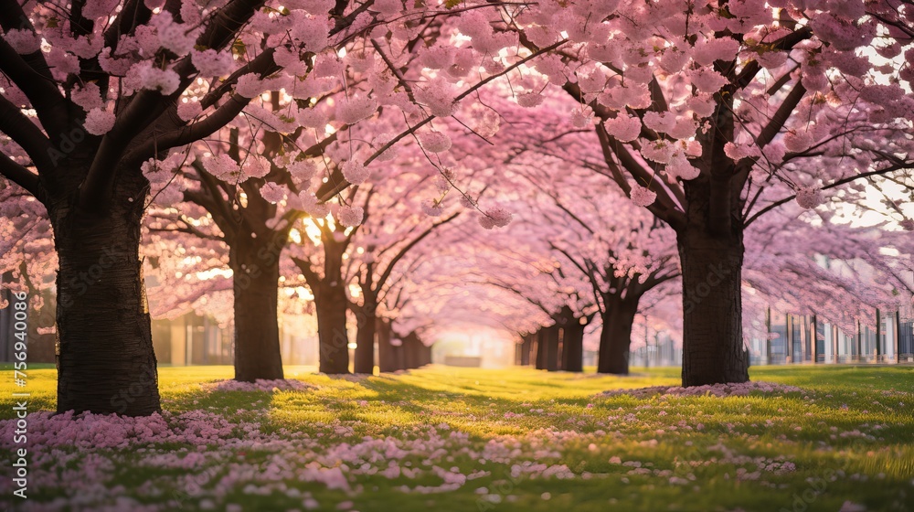 Rows of cherry trees in full bloom, creating a picturesque scene on a verdant lawn. Rows of cherry trees in full bloom, creating a picturesque scene on a verdant lawn.
