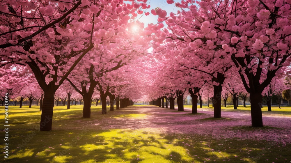 Rows of cherry trees in full bloom, creating a picturesque scene on a verdant lawn.