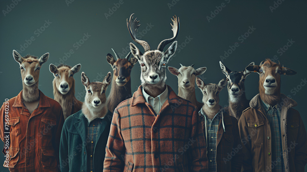 Animals in Clothes, People with Animal Heads Generative Ai

 - obrazy, fototapety, plakaty 