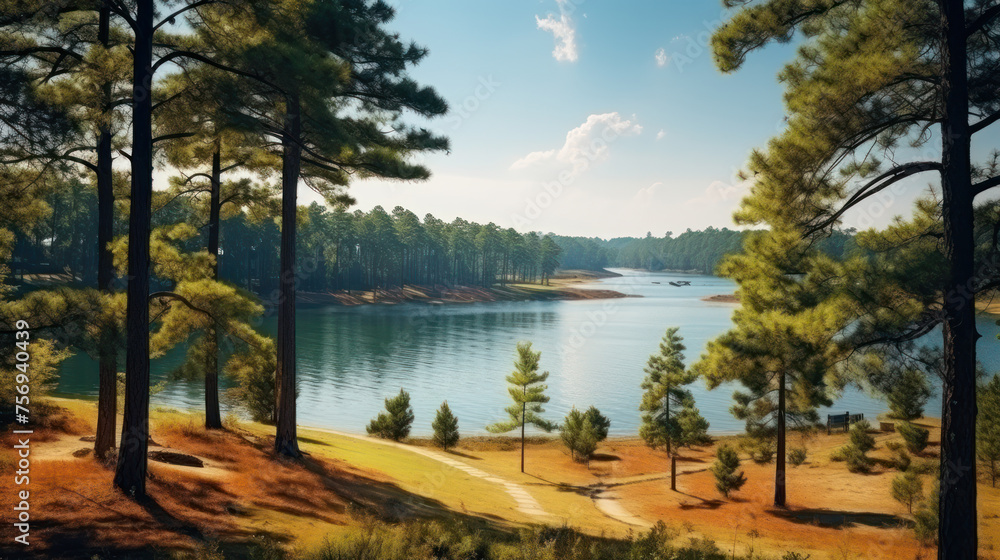 Blue water in a forest lake with pine trees