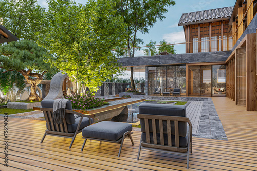 An outdoor patio with two lounge chairs and an ottoman on a wooden deck next to the pond