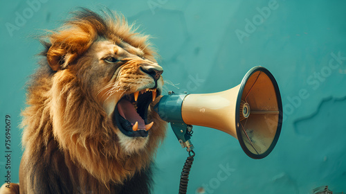 Lion Roaring on a Megaphone - Advertisement Concept with Animal Power, Generative Ai