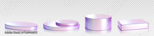 Hologram product podium of cylinder low, middle and two step, rectangular shape for promo and presentation. Realistic 3d vector illustration set of metal goods display platform with holographic effect
