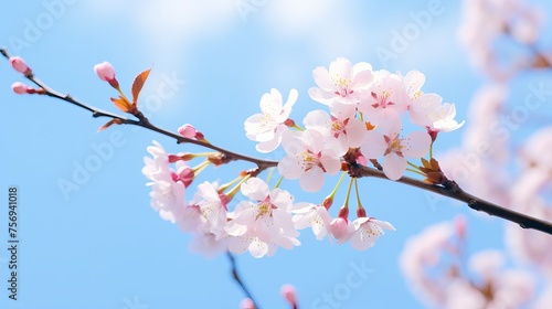 Stunning cherry blossom sakura trees in spring against a backdrop of blue sky.