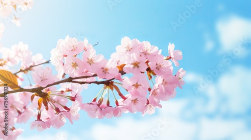 Stunning cherry blossom sakura trees in spring against a backdrop of blue sky.