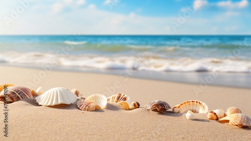 砂浜の貝殻のアップ、余白・コピースペースのある海の背景