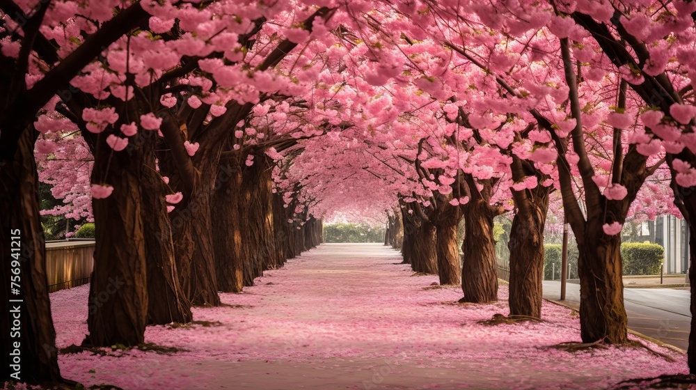 Naklejka premium The enchanting pathway adorned with pink flowering trees.