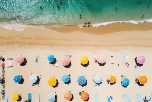 Aerial view of people relaxing on the beach Top view from drone Aerial view of sandy beach with colorful umbrellas   Ai generated