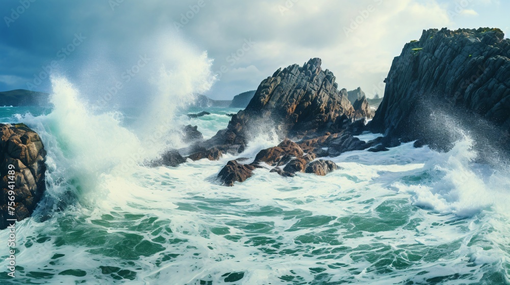 荒磯に波、岩礁と荒波の海の自然背景 Stock-Foto | Adobe Stock