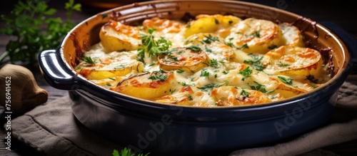 A casserole dish filled with a delicious combination of potatoes and shrimp is displayed on a rustic wooden table  showcasing a mouthwatering dish ready to be enjoyed