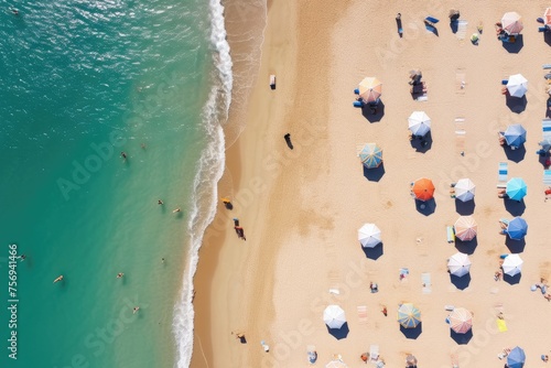 Aerial view of people relaxing on the beach Top view from drone Aerial view of sandy beach with colorful umbrellas , Ai generated