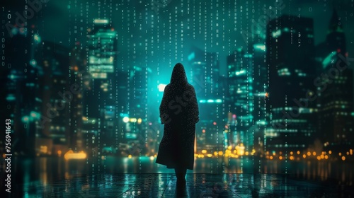 A solitary figure stands in the rain with a digital matrix code cascading down the cityscape background.