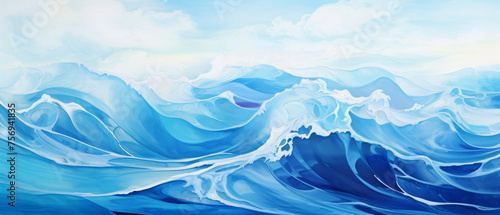 Blue colorful sea waves ai generative oil painting style