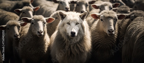A wolf with fur blending in with the herd stands among the sheep. This event poses a threat to the livestock as the terrestrial animals snout is a sign of danger