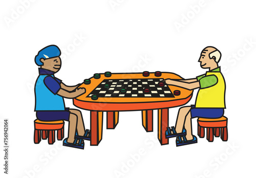 Two old men playing a game of checkers or draughts. Editable Clip Art.