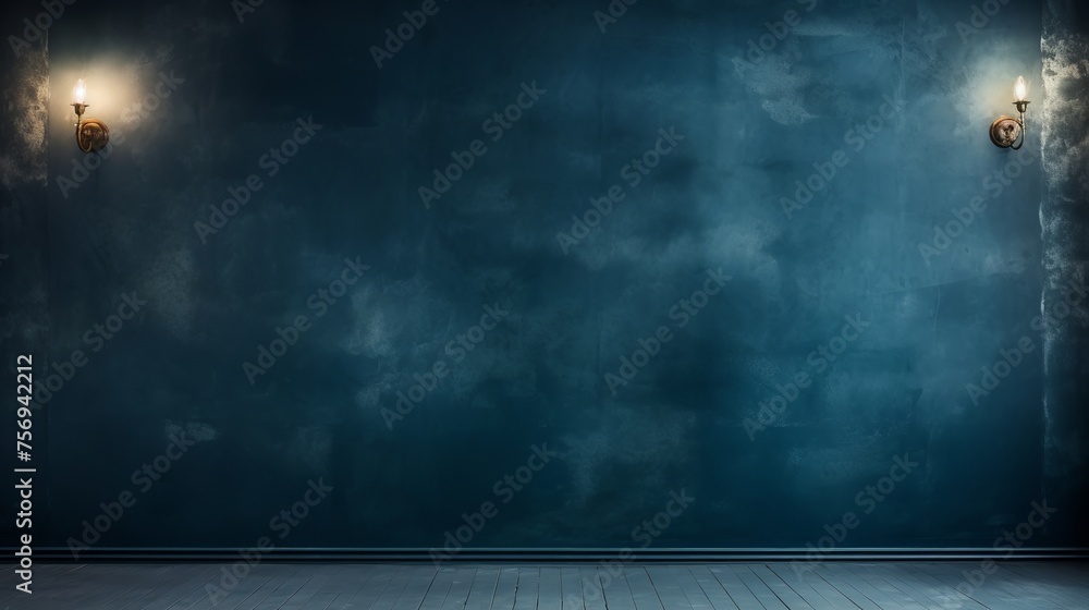 A dark blue wall adorned with decorative stucco, accompanied by smoke, smog, and spotlight effects.