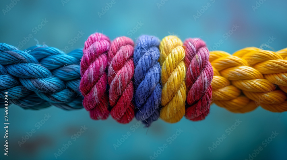 close up of rope, Team rope diverse strength connect partnership together teamwork unity communicate support. Strong diverse network rope team concept background, Ai generated image