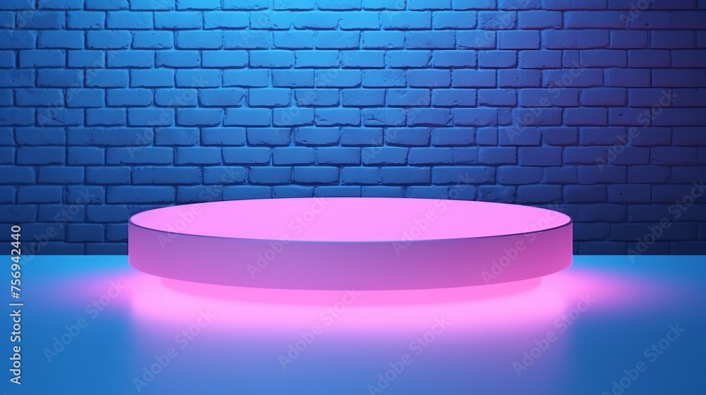 A flat stone pedestal is bathed in pink and blue neon light, creating a template banner background. This minimalist setup serves as an empty podium for product display or presentation scenes. A flat stone pedestal is bathed in pink and blue neon light, creating a template banner background. This minimalist setup serves as an empty podium for product display or presentation scenes.