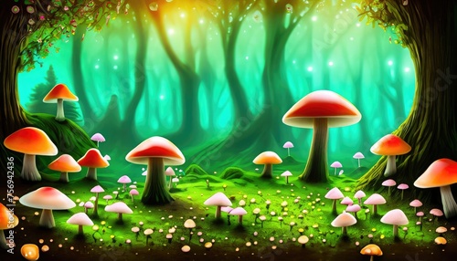 Fantastic wonderland forest landscape with mushrooms and flowers