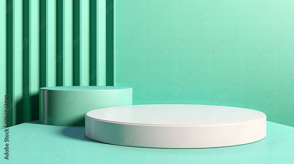 A minimalistic abstract scene features geometric empty podiums arranged on a colored background, offering space for presenting cosmetic products. The front view provides ample copy space. A minimalistic abstract scene features geometric empty podiums arranged on a colored background, offering space for presenting cosmetic products. The front view provides ample copy space.