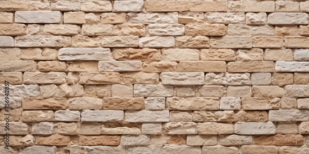 Fototapeta premium Natural beige white stone brick wall texture background banner panoramic panorama