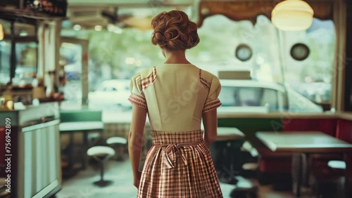 Rear view of a beautiful young woman in a vintage dress standing in a cafe. photo