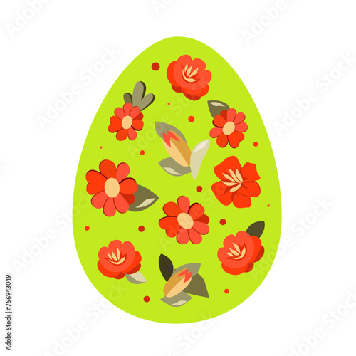 Green Easter egg with a pattern of red and orange flowers. Vector clipart for design