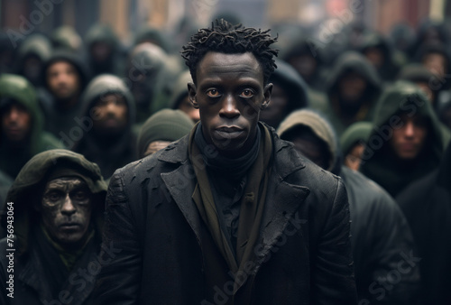 A man looks out to the crowd in front of him, his gaze reflecting the black arts movement, dark academia, goblin academia, and detailed crowd scenes.