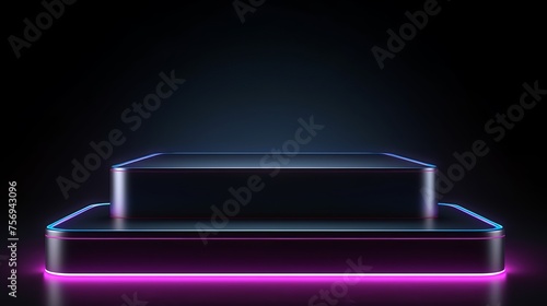 A podium with neon glow set against a black background, rendered in 3D. © Tahir