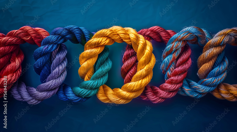 close up of a rope, Team rope diverse strength connect partnership together teamwork unity communicate support. Strong diverse network rope team concept background, Ai generated image