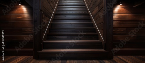 A fixture of hardwood stairs with a parallel handrail made of metal leads up to a dark room, showcasing symmetry in the design