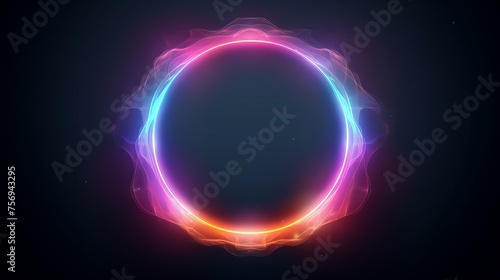 A round mystical portal adorned with neon-colored geometric circles emerges against a dark background, enveloped in futuristic smoke, creating an enigmatic ambiance.