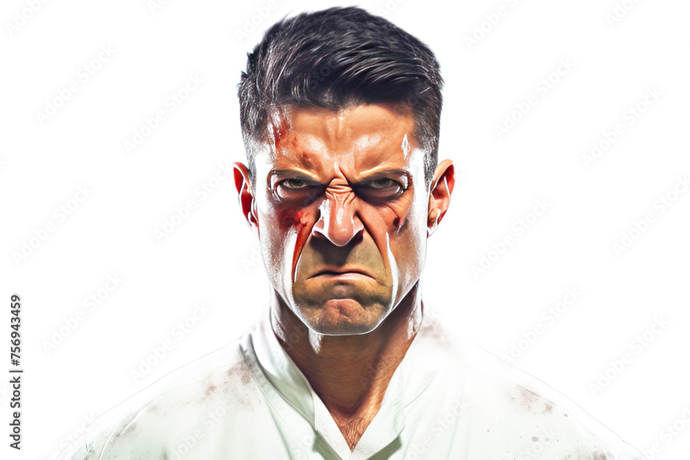 Angry, irritated male doctor professional in white coats with stethoscopes, white background isolate. Angry, irritated male doctor professional in white coats with stethoscopes, white background isolate.